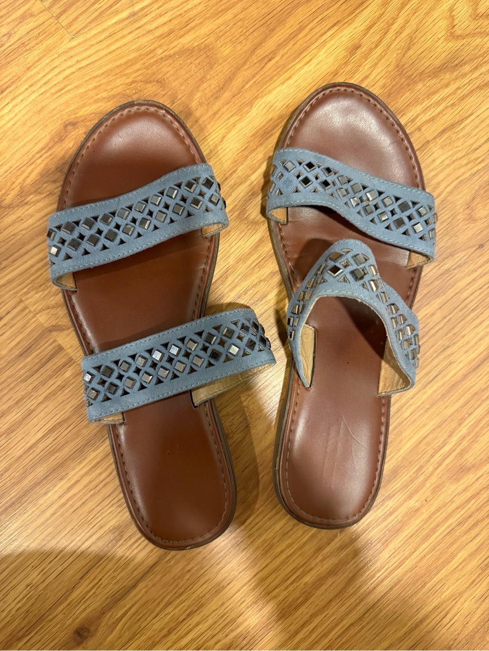 Blue Laser-Cut Strap Women's Slide Sandals